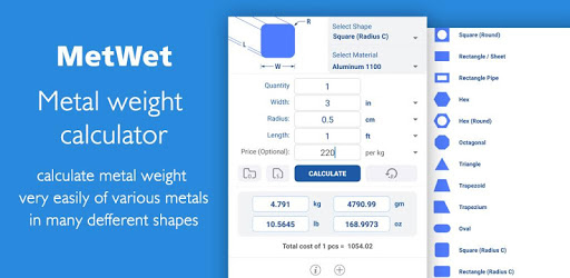 Metal Weight Calculator - MetWet pc screenshot